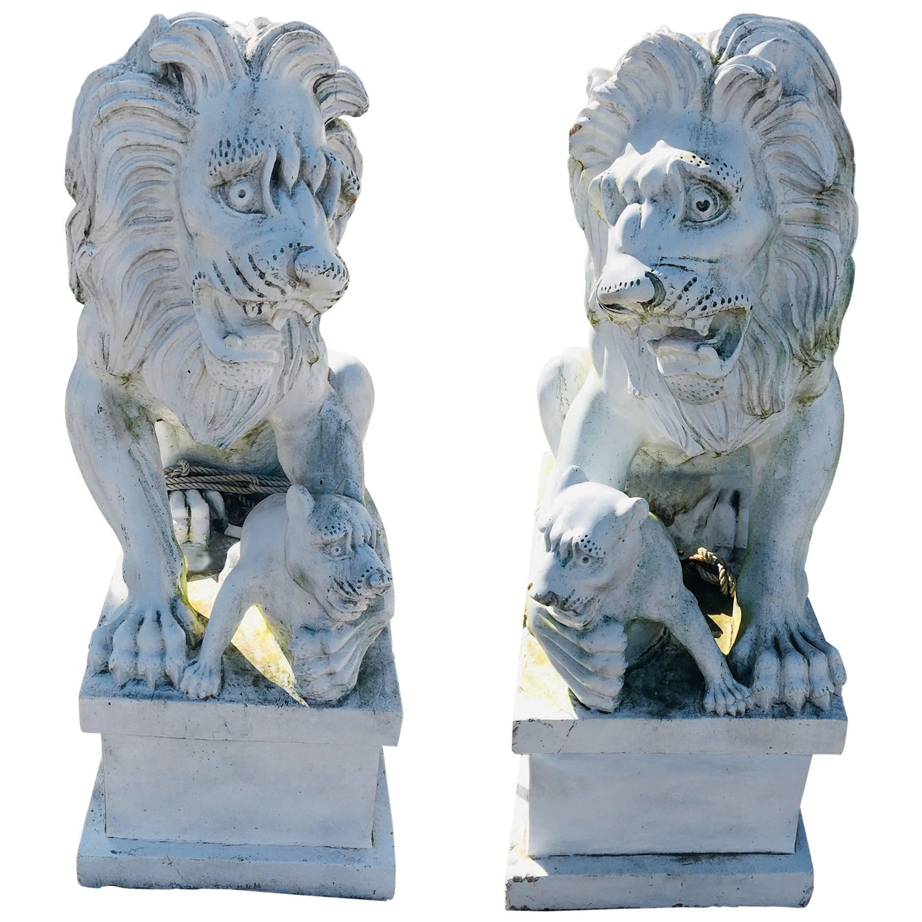 Pair of Marble Painted Lions on Bases