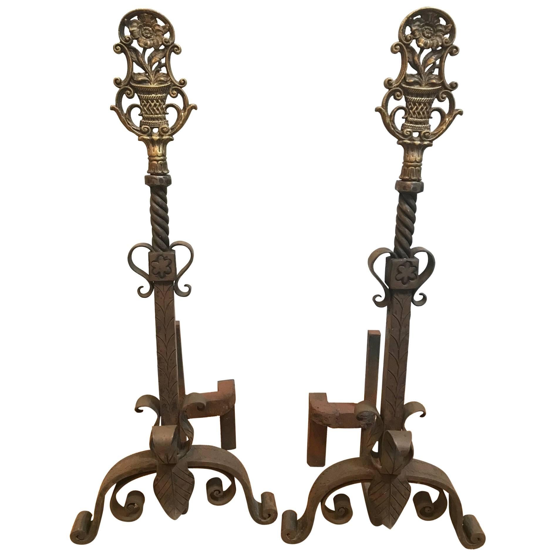 Continental Floral Andirons For Sale