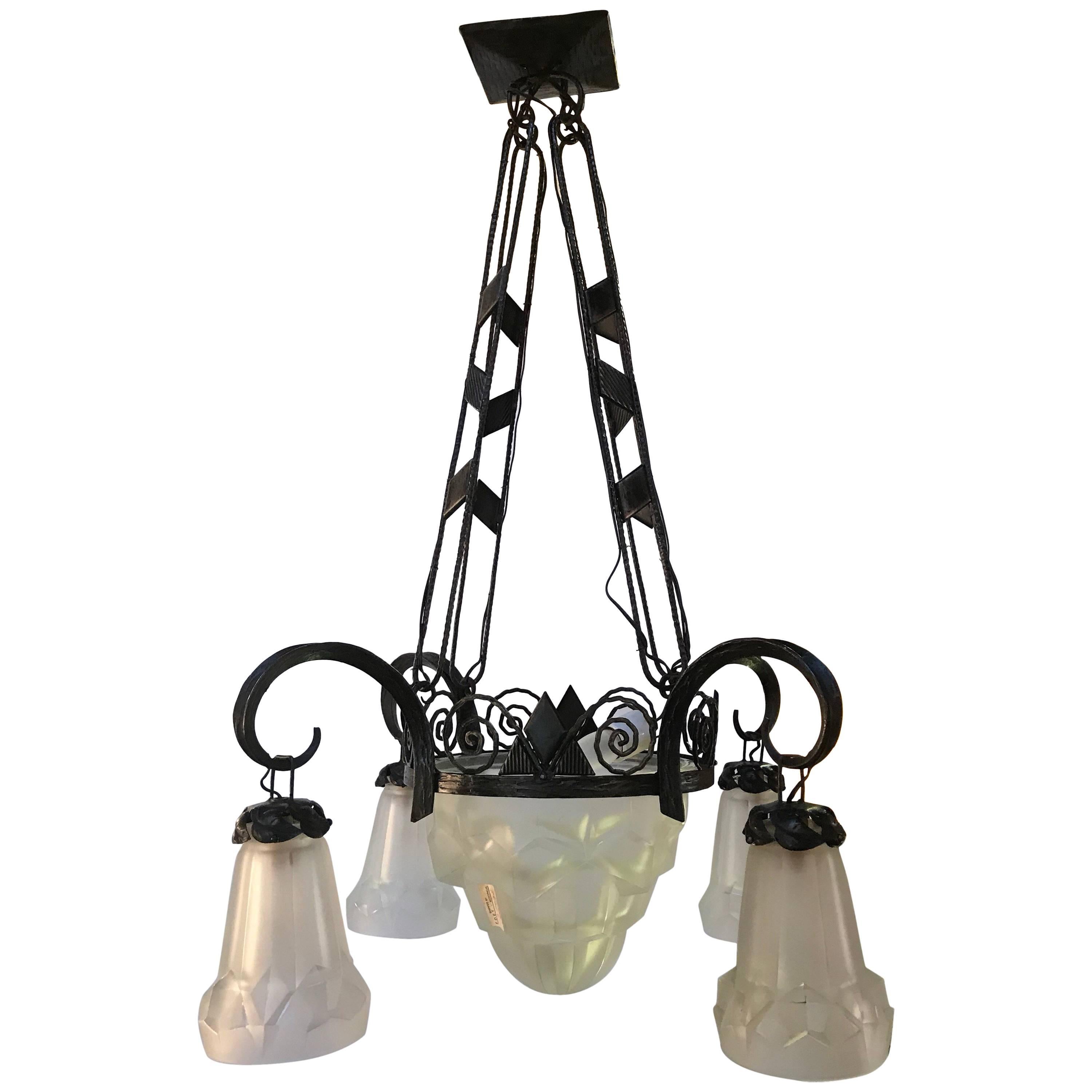 French Art Deco Chandelier Signed Degue, 1930s