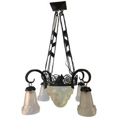 French Art Deco Chandelier Signed Degue, 1930s