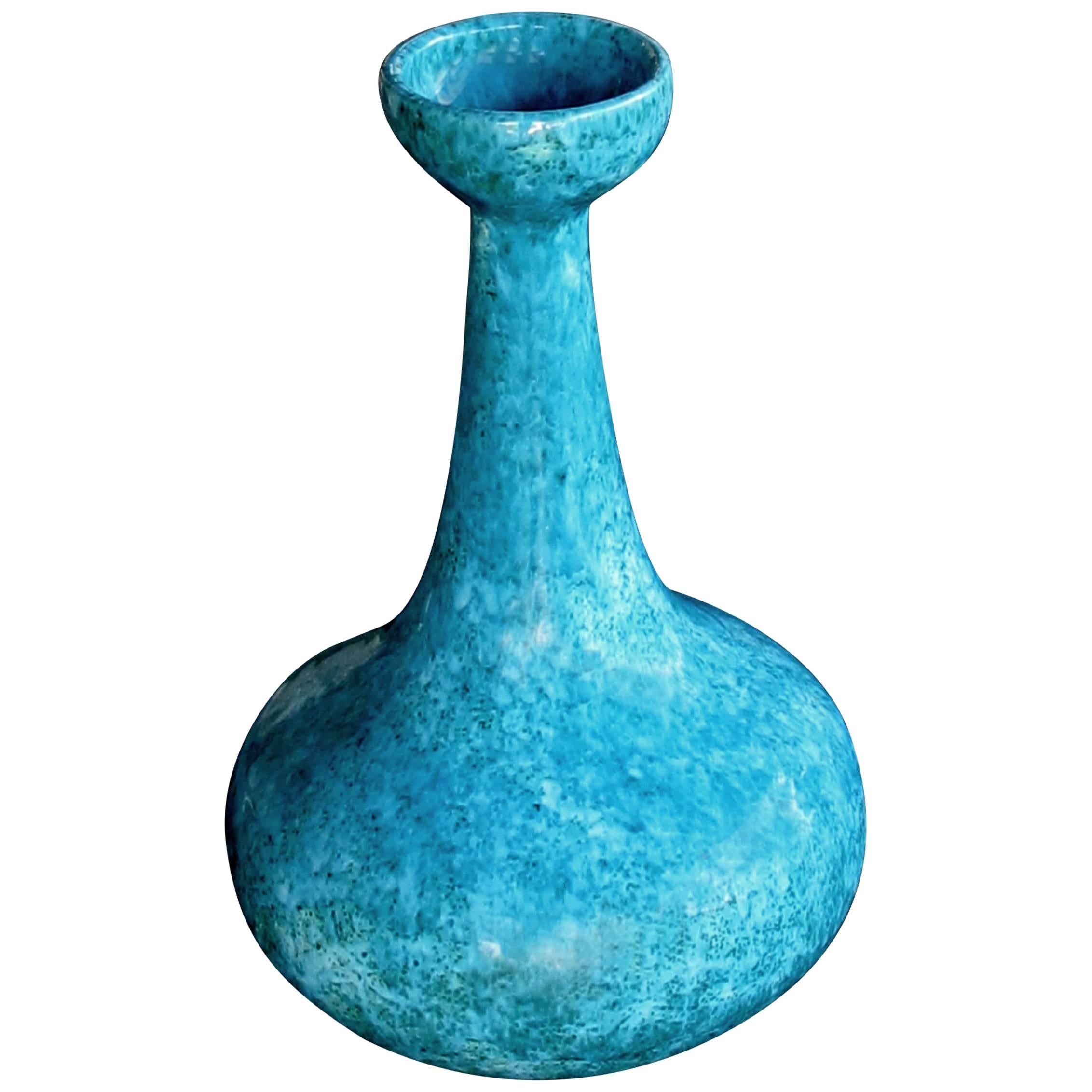 Impressionnant vase américain en forme de bouteille en poterie jaru vernissée sarcelle des années 1960 en vente