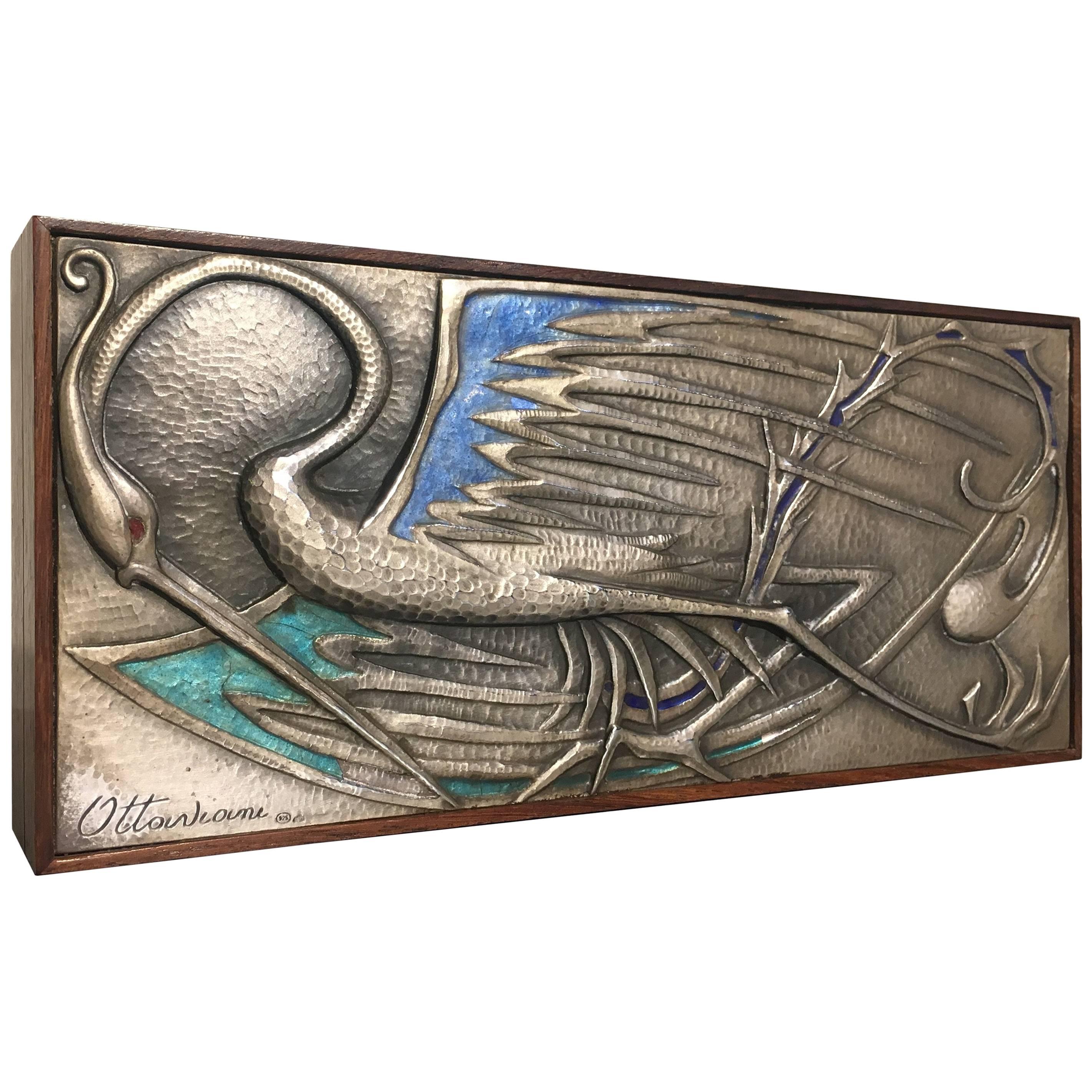 Ottaviani Silver and Enamel Rosewood Box with Bird Design, 1950s