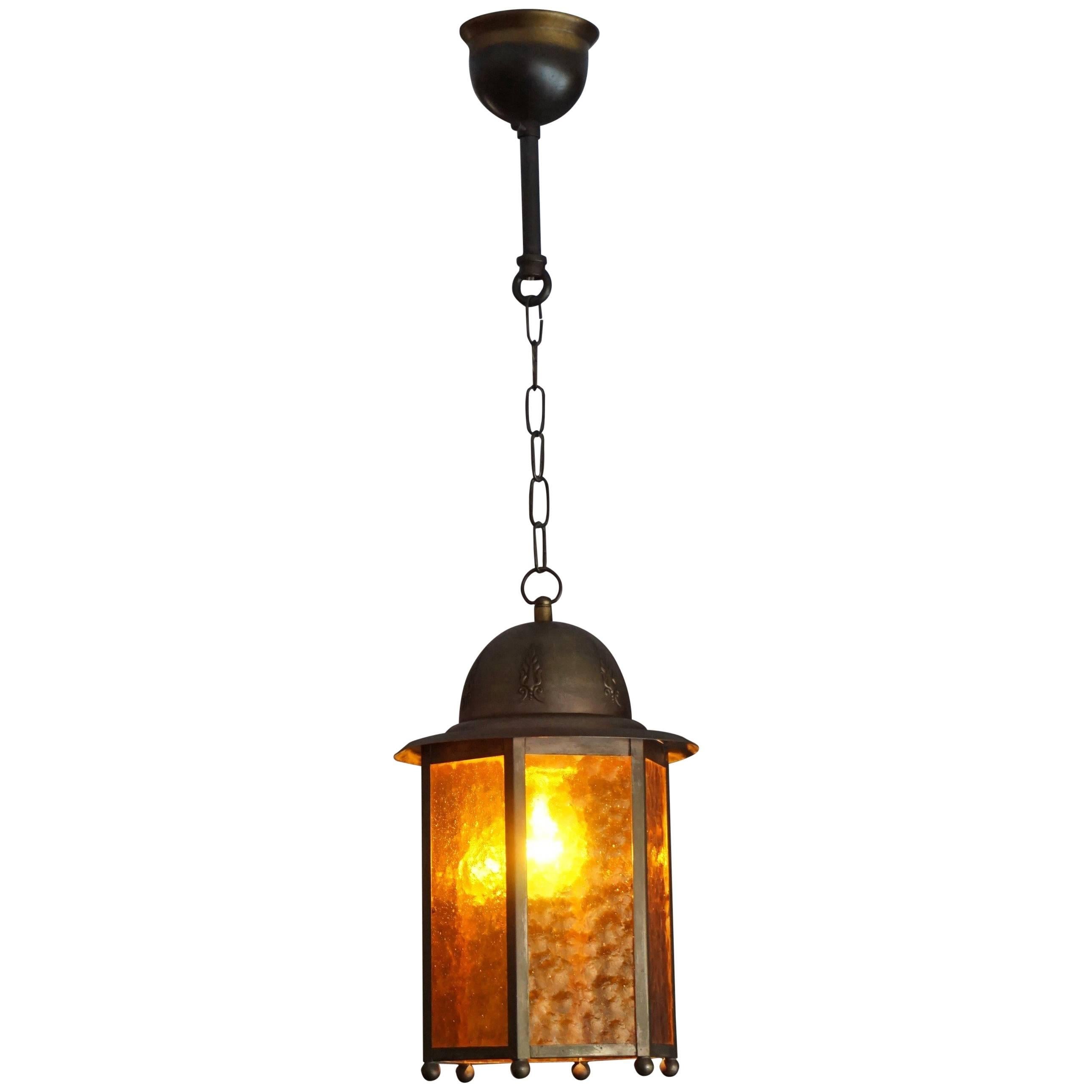 Early 20th Century Arts & Crafts Brass and Amber Glass Lantern Like Pendant For Sale