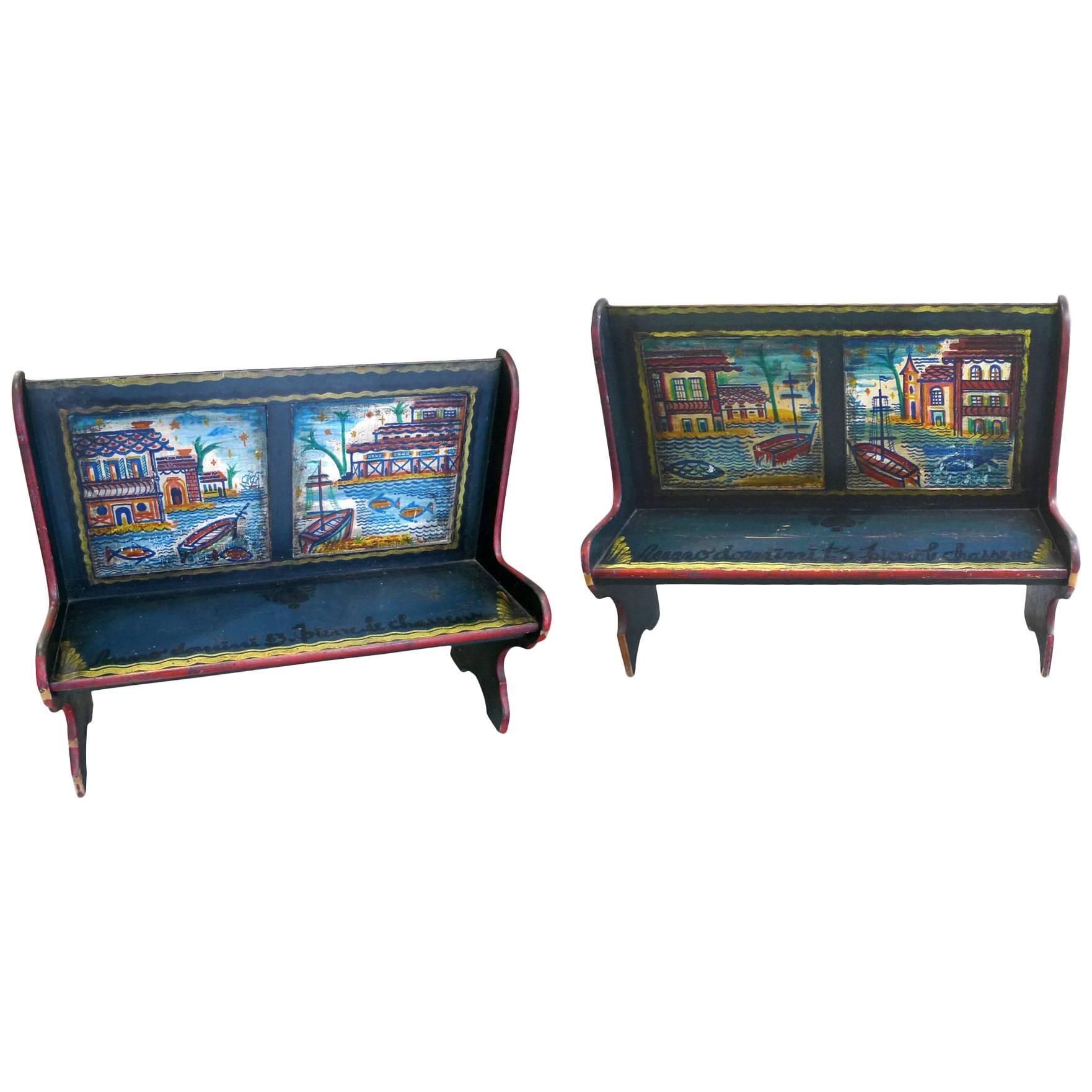 Pair of Peter Hunt Hand-Painted and Signed Benches
