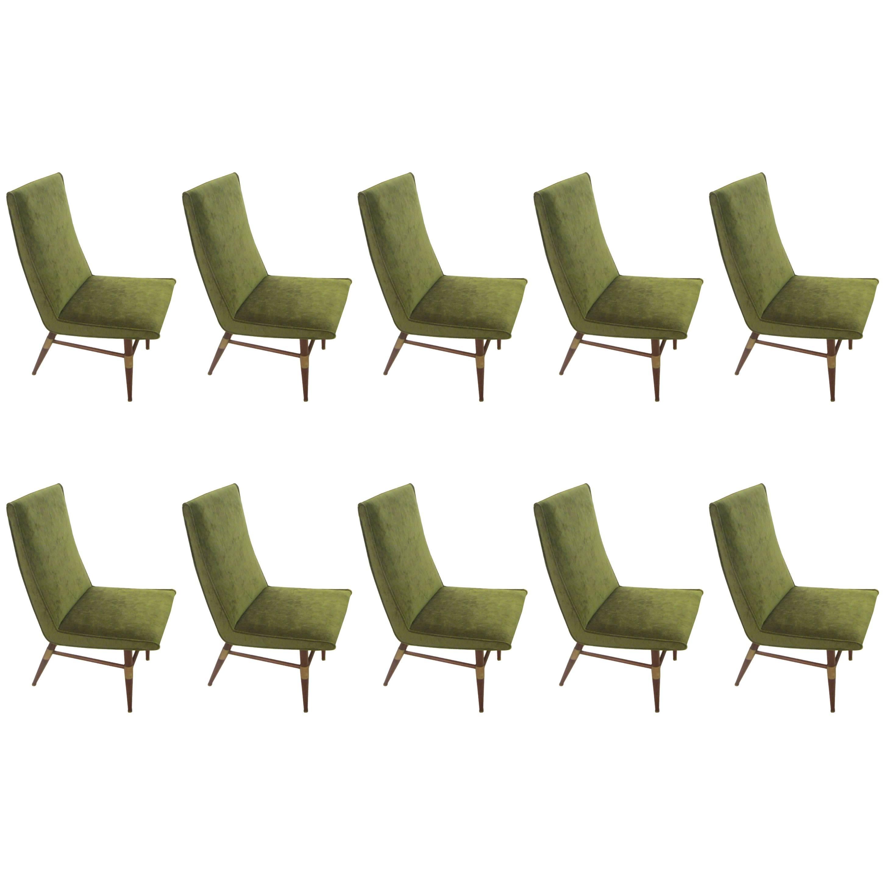 Set of Ten Italian Mid-Century Modern Brass-Mounted Walnut Dining Chairs