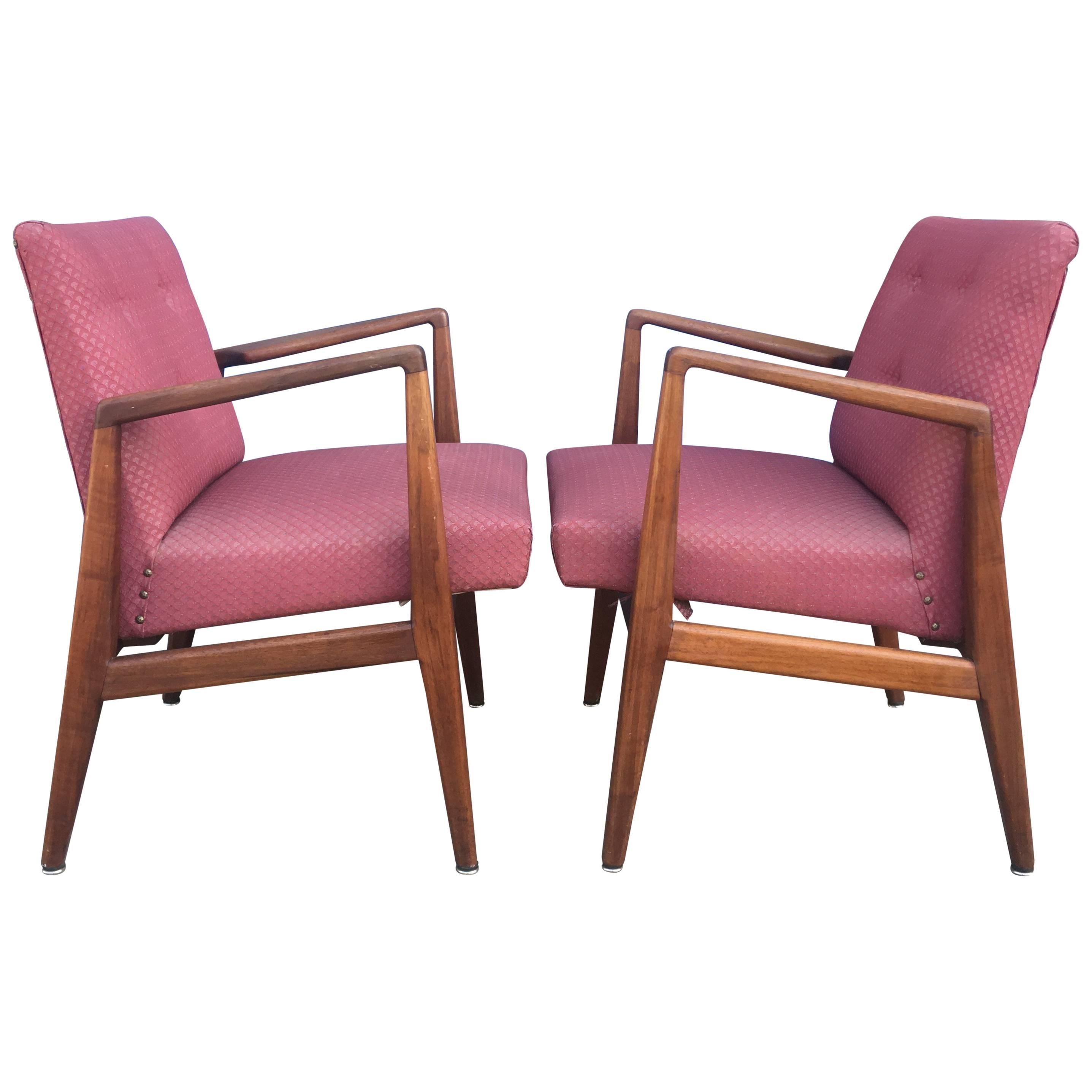 Two Gorgeous Jens Risom Sculptural Walnut Armchairs