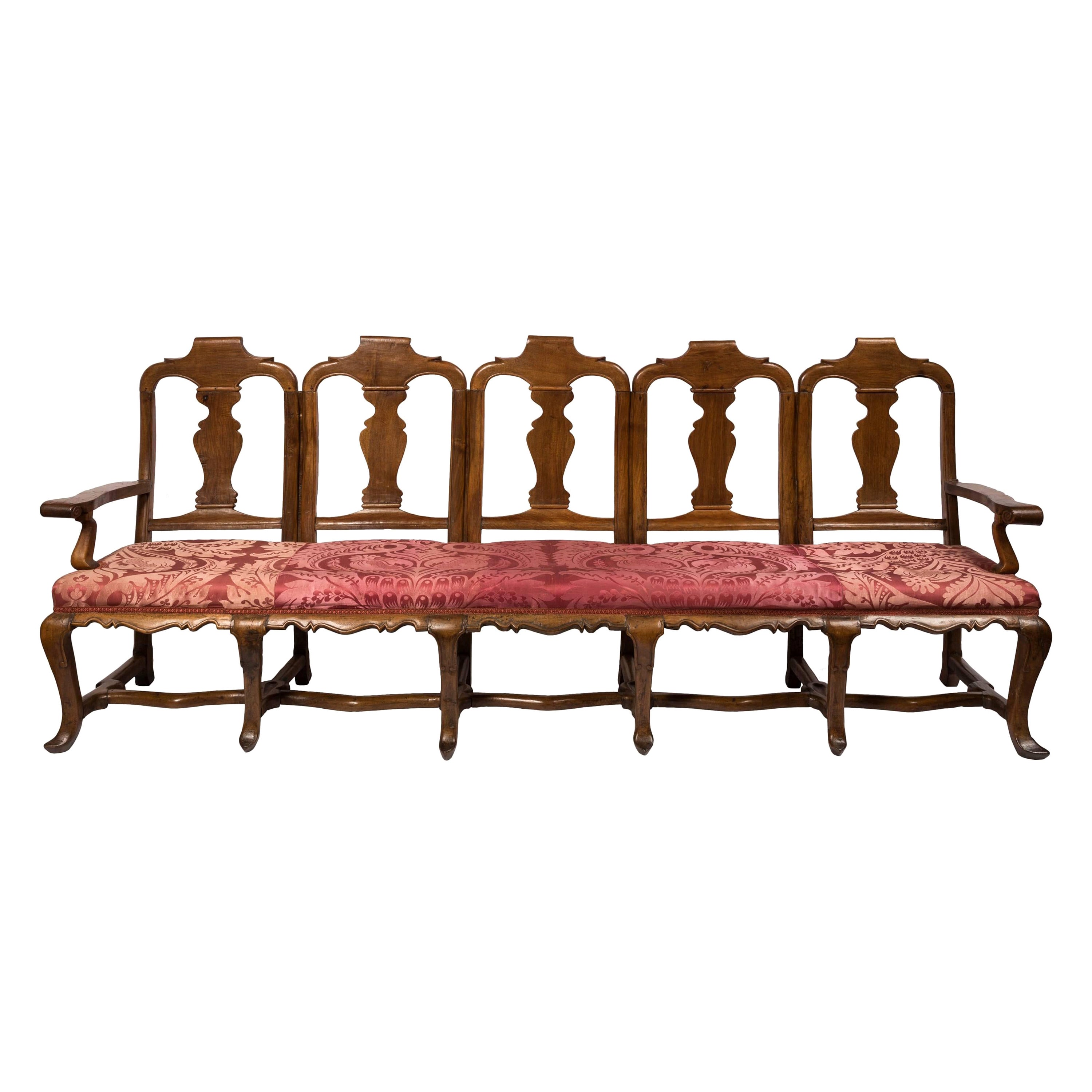 18th C. Spanish Carlos III Chair Back Sofa w/ Carved Walnut and Red Silk Fabric For Sale