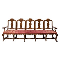 18th C. Spanish Carlos III Chair Back Sofa w/ Carved Walnut and Red Silk Fabric