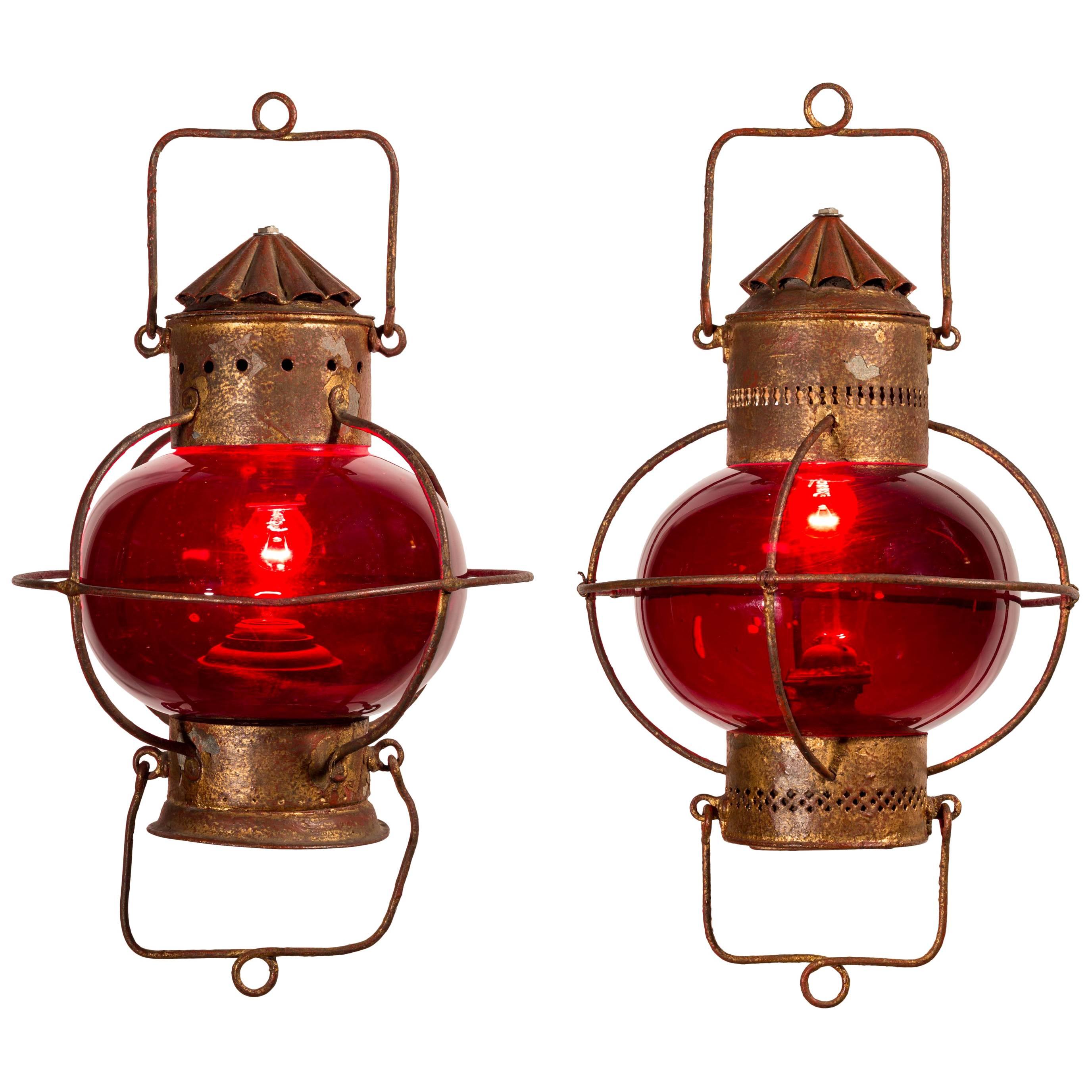 Pair of 19th Century Ship / Nautical Oil Lamps with Red Globes Electrified