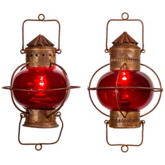 Antique Pair of 19th Century Ship / Nautical Oil Lamps with Red Globes Electrified