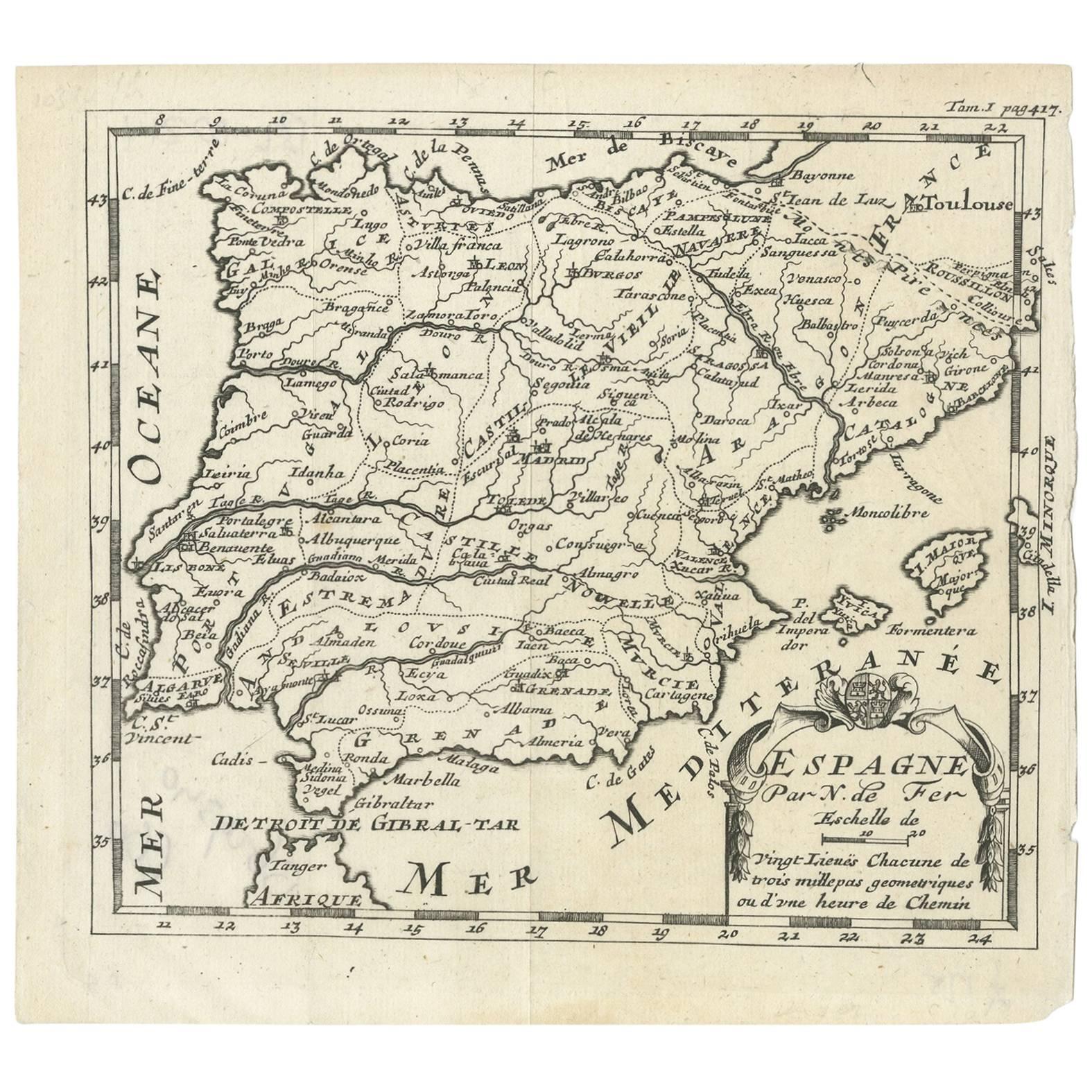 Antique Map of Spain by N. de Fer, circa 1700 For Sale