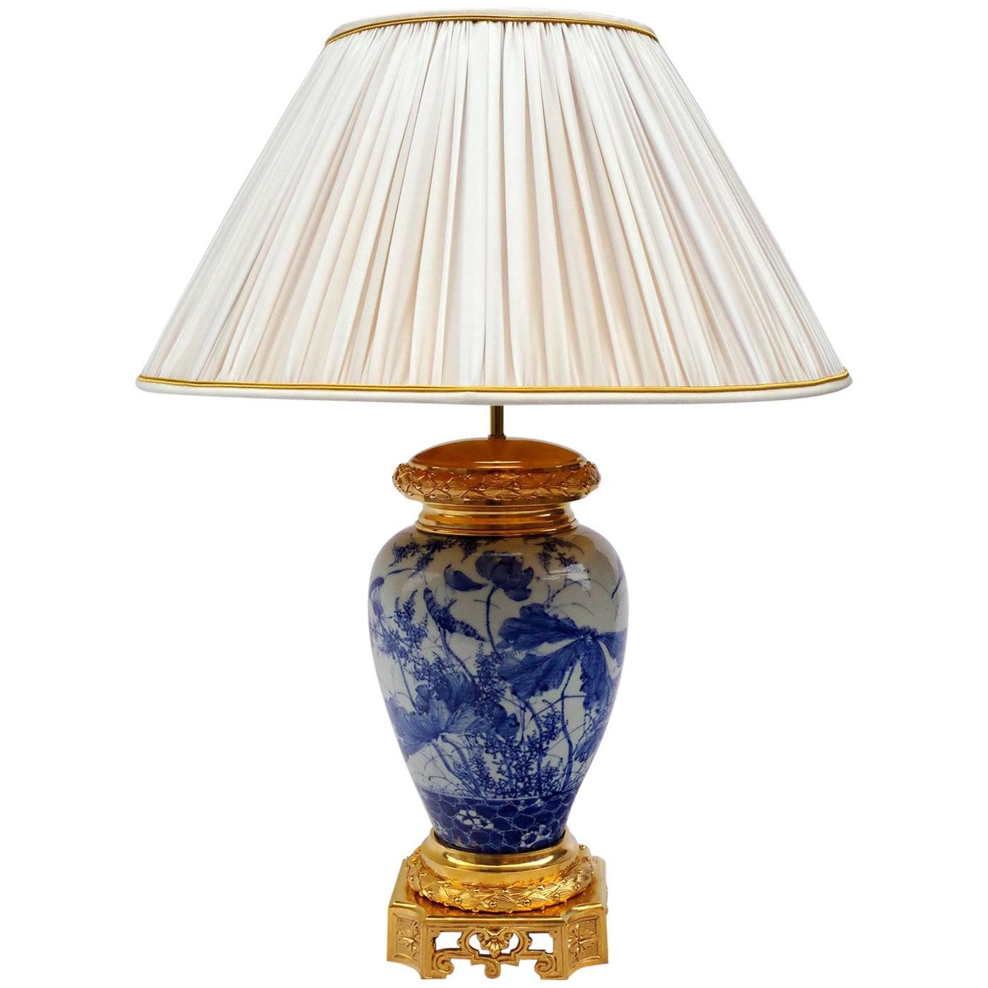 Lamp in Blue and White Far East Ceramic Mounted in Gilt Bronzes, 19th Century