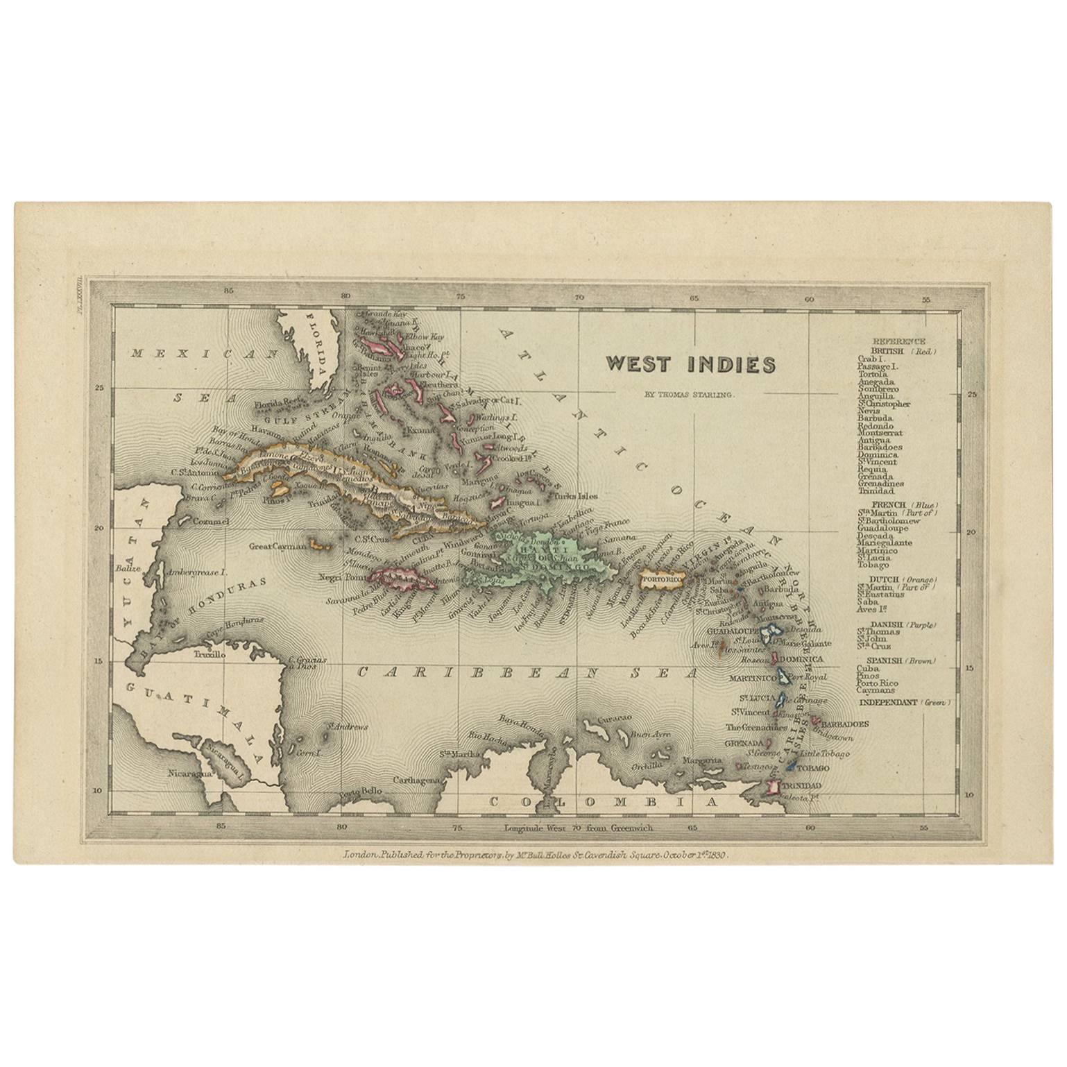 Antique Miniature Map of the West Indies by T. Starling, 1830