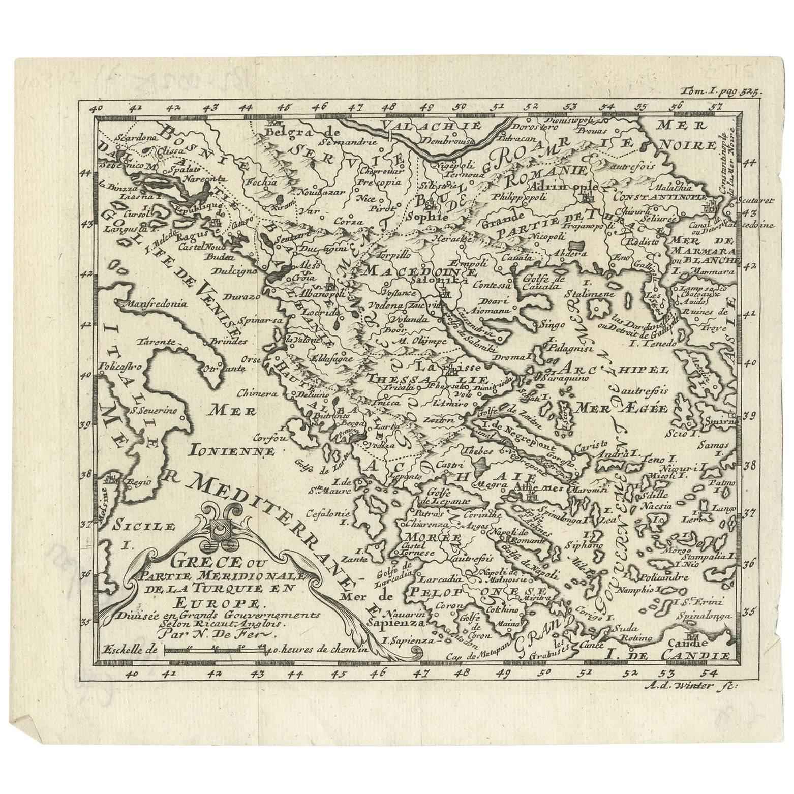 Antique Map of Greece and the Balkans by N. de Fer, circa 1684