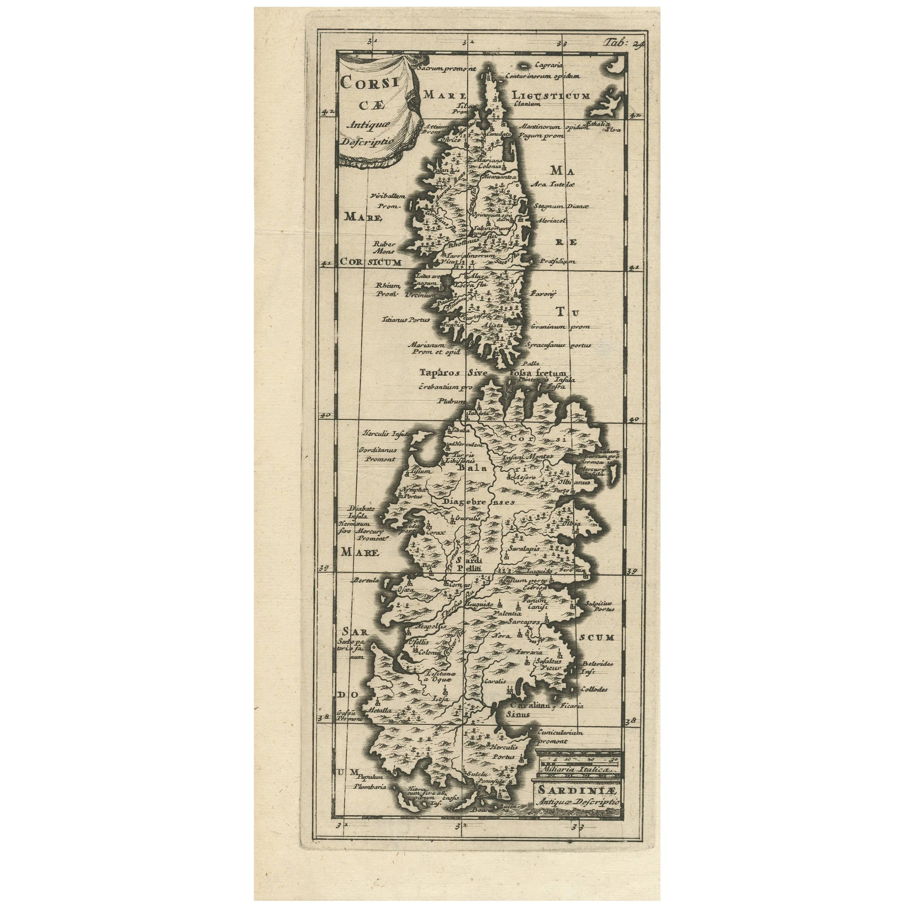 Antique Map of Corsica and Sardini,  1729 For Sale