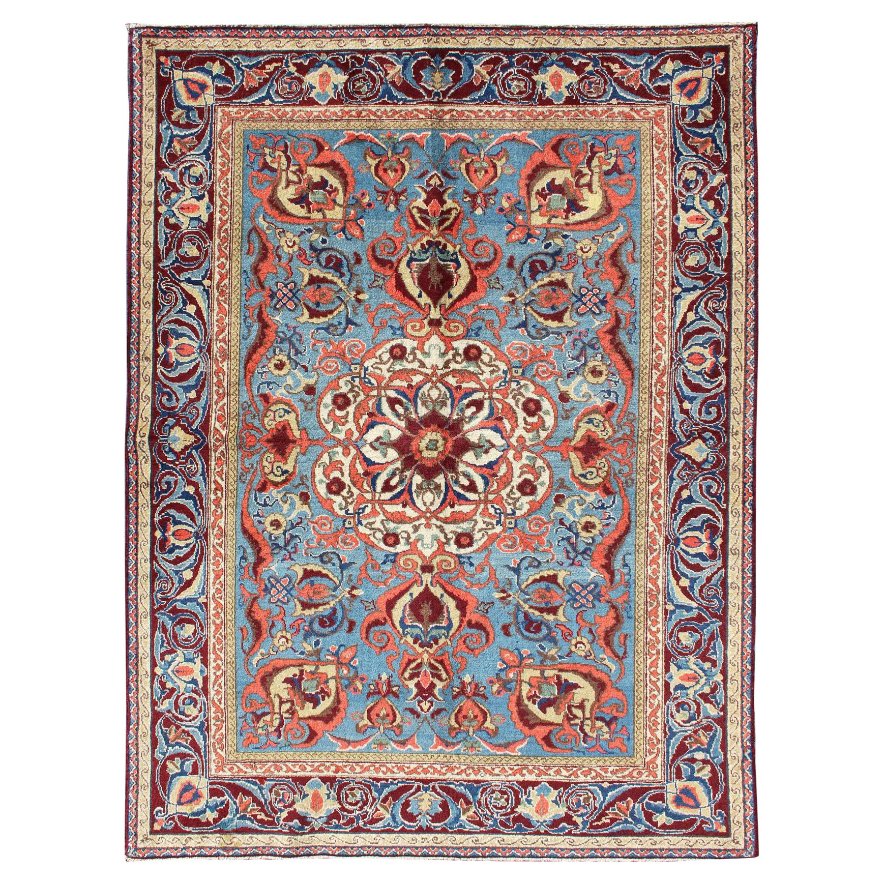 Antique Sivas Fine Rug with Blue Background Wine Border and Intricate Design For Sale