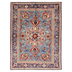 Antique Sivas Fine Rug with Blue Background Wine Border and Intricate Design