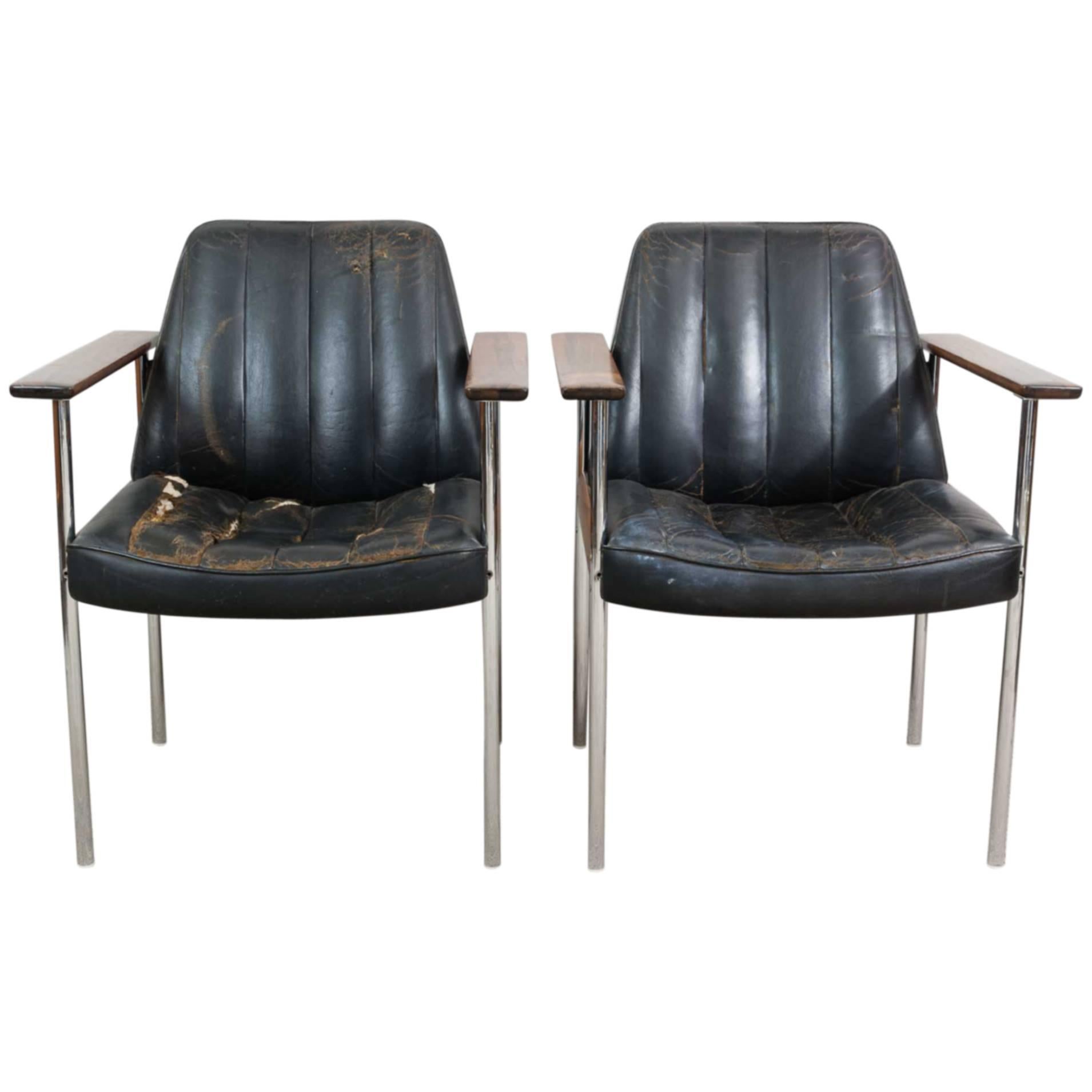 Pair of 1960s Rosewood Leather Chrome Armchairs by Sven Ivar Dysthe for Dokka