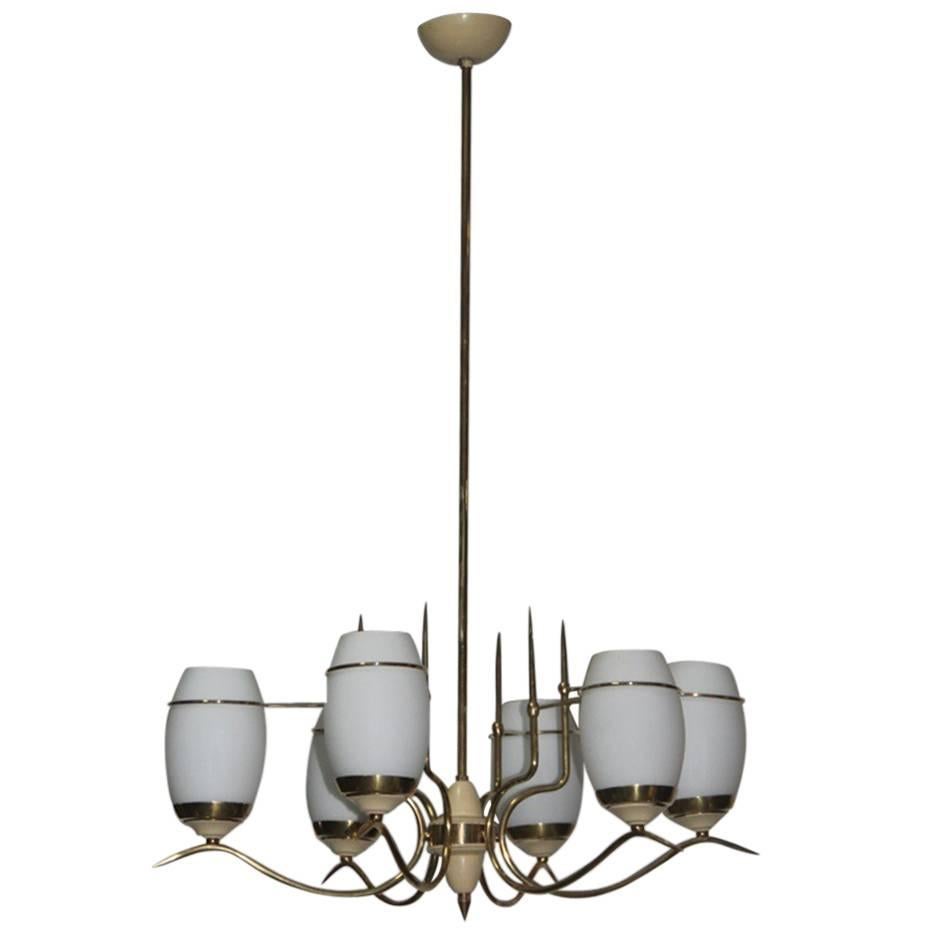 Mid-Century Italian Chandelier Stilnovo Style Brass Lacquered Murano Glass