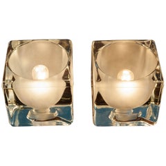 Pair of 1970s Peill & Putzler German Vintage Frosted Cube Glass Lamps