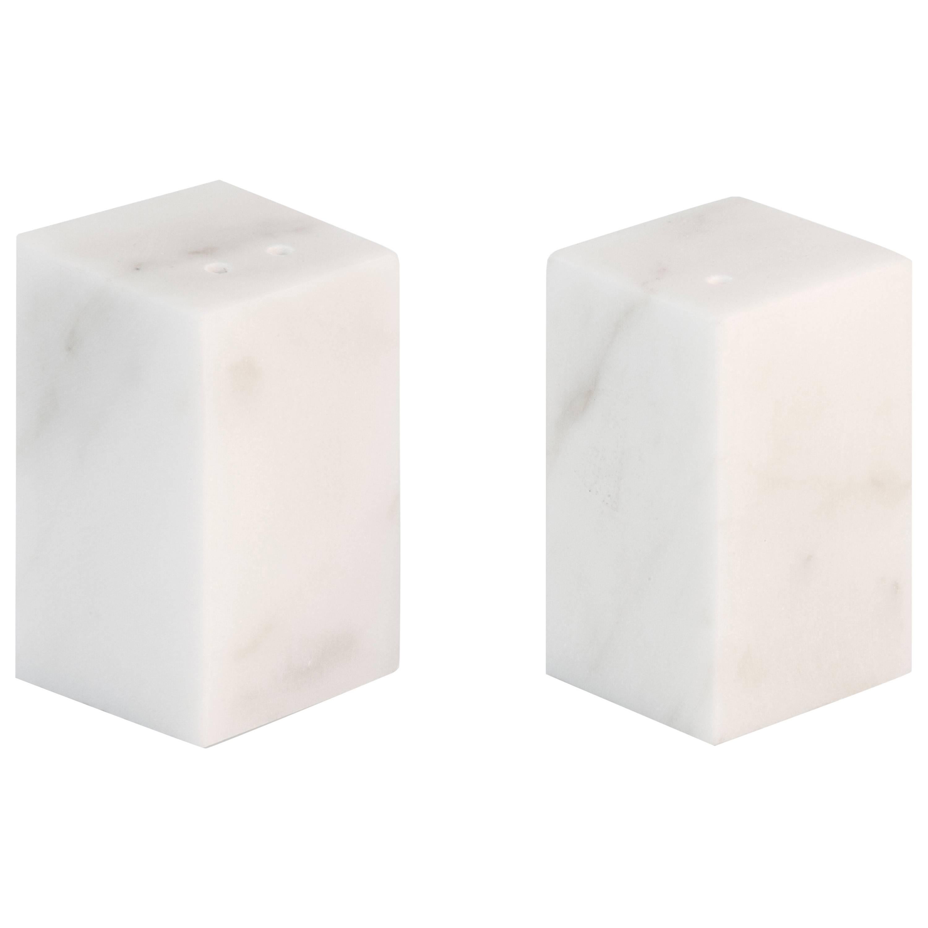 Handmade Squared Salt and Pepper Set in Satin White Carrara Marble For Sale
