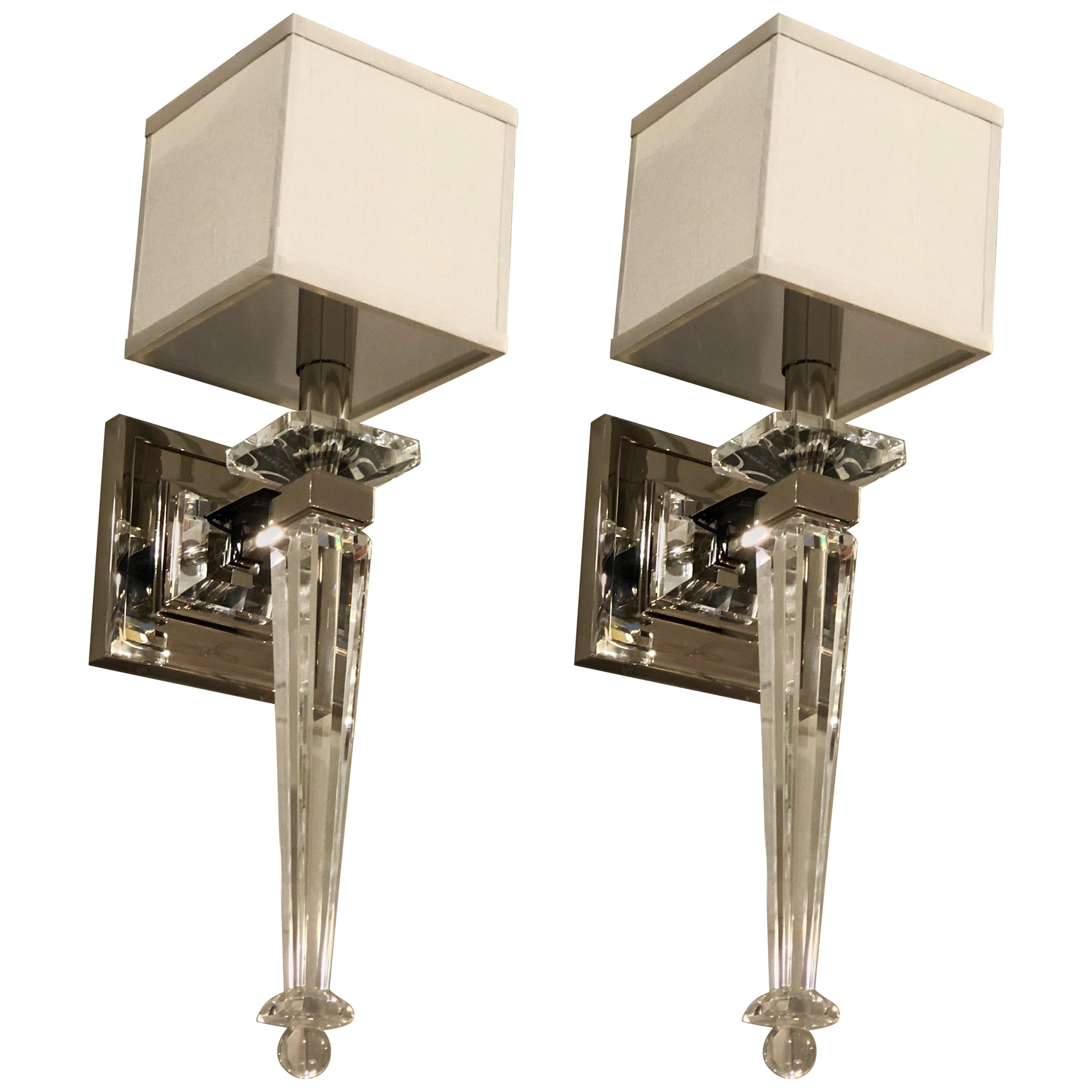 2 Pairs Italian Mid-Century Modern Neoclassical Style Crystal and Nickel Sconces