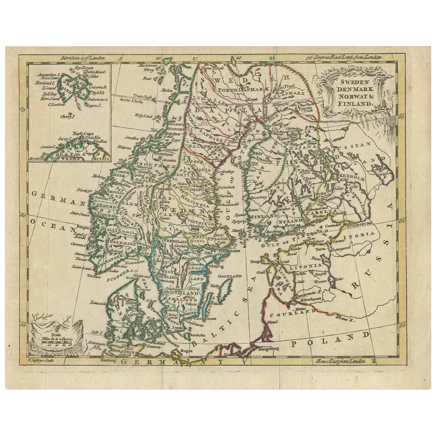 Antique Map of Scandinavia by T. Jefferys, circa 1750 For Sale