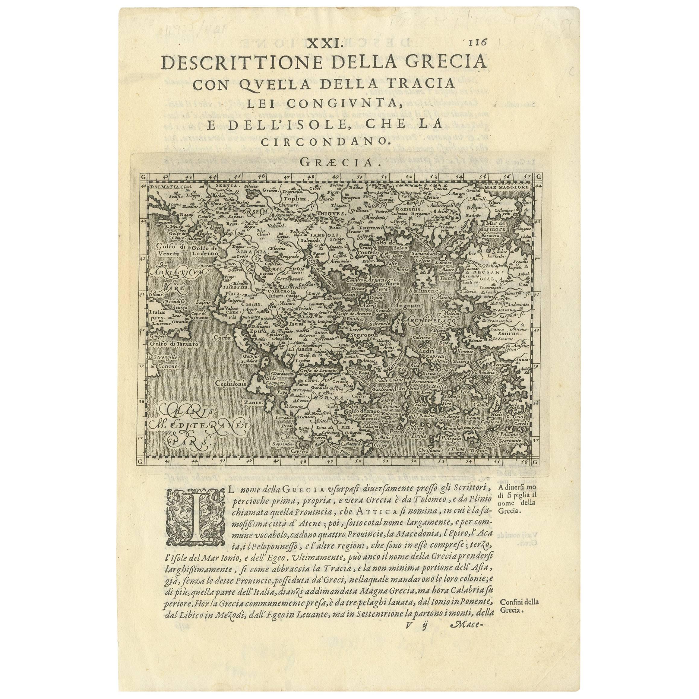 Rare Original 16th Century Antique Map of Greece, 1598 For Sale