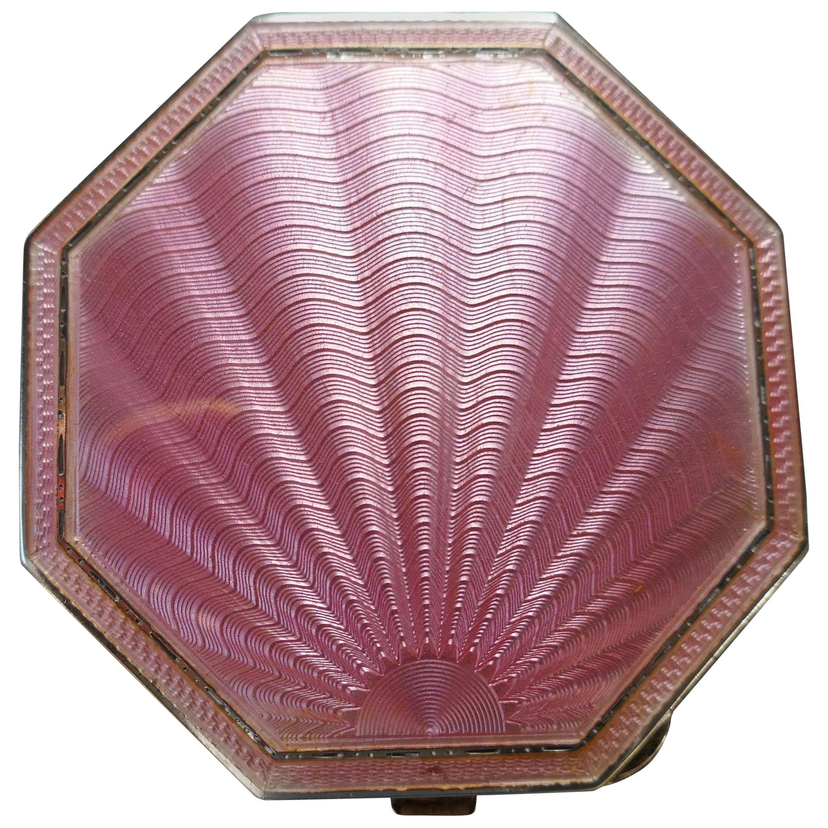 Pink Sterling Silver Guilloche Enamel Art Deco Compact Case
