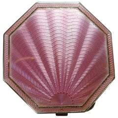 Antique Pink Sterling Silver Guilloche Enamel Art Deco Compact Case