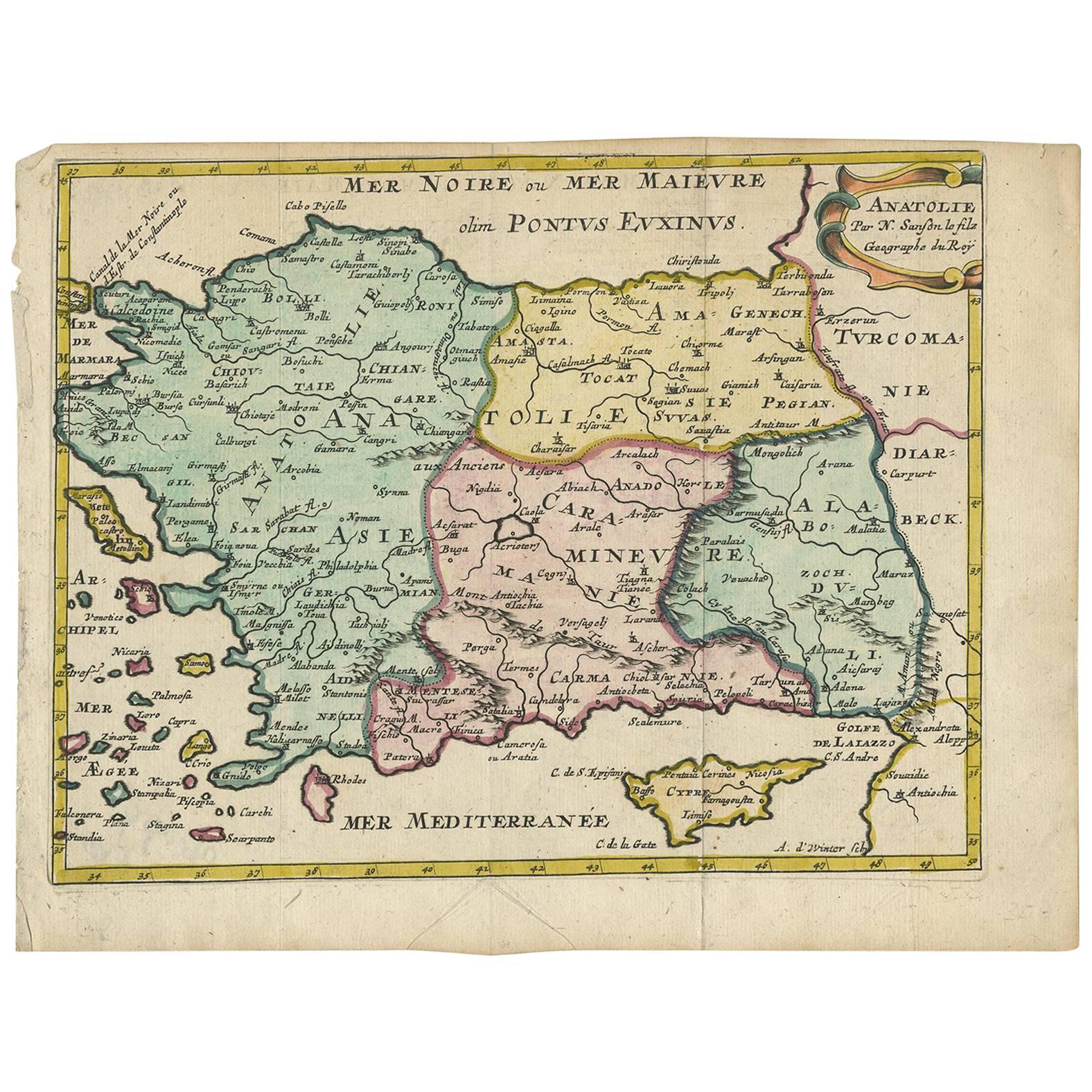Carta geografica antica della Turchia con le isole di Cipro e della Grecia di N. Sanson, 1652 ca.