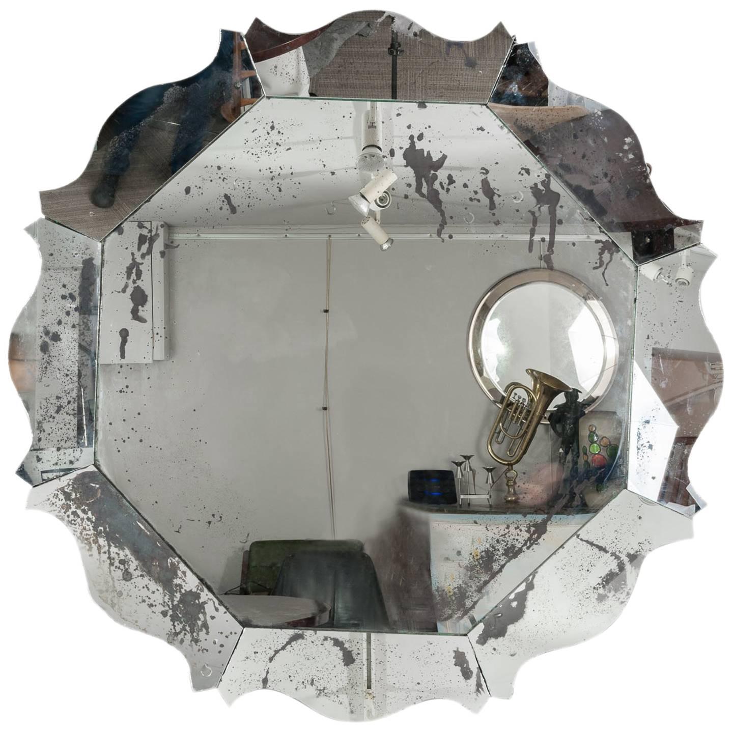 Large Contemporary Hexagonal Scalloped Silver Foxed Wooden Mirror