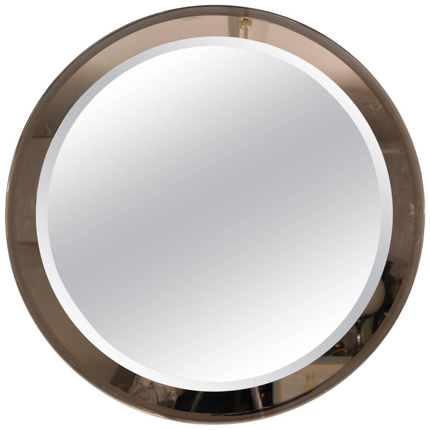 1970s Italian Vintage Round Wall Mirror with Brown Colored Glass at