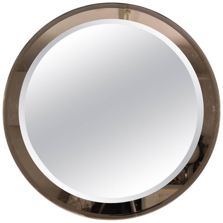 1970s Italian Vintage Round Wall Mirror with Brown Colored Glass at