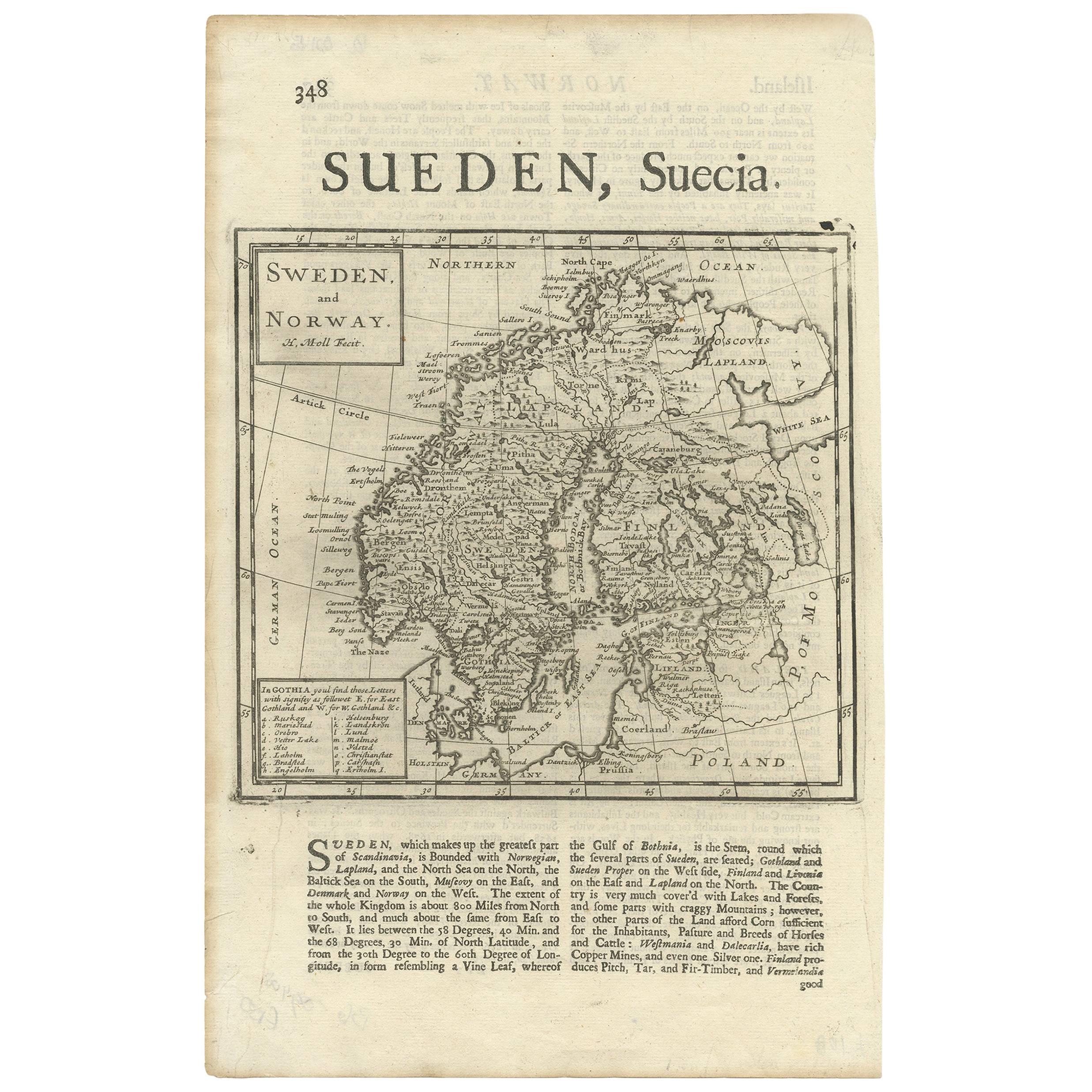 Antique Map of Sweden and Norway by H. Moll, circa 1715