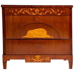 Danish Empire Small Chest of Drawers with Satinwood Inlays of Resting Lion