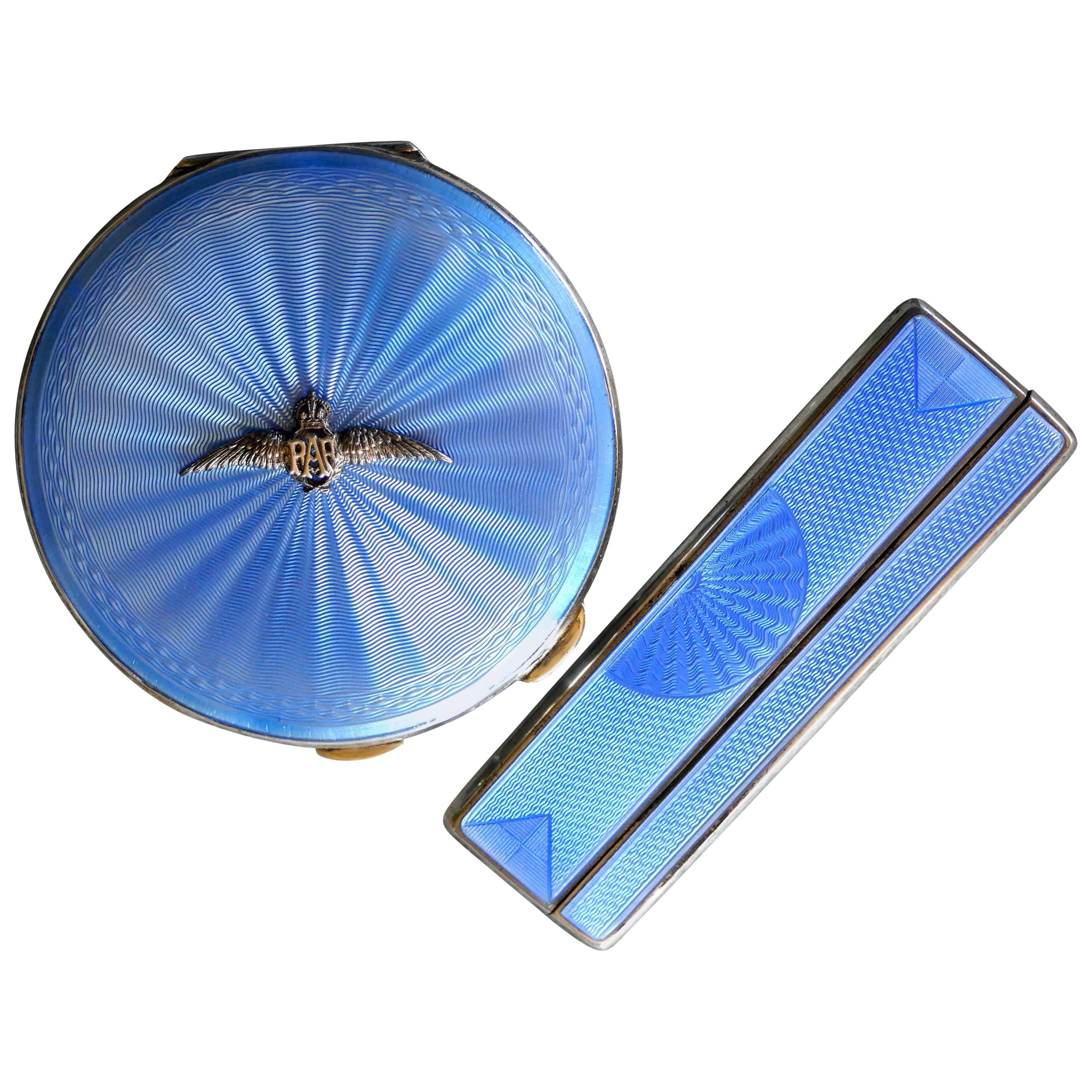 Charming Royal Air Force Sterling Silver and Blue Guilloche Enamel Compact Case For Sale