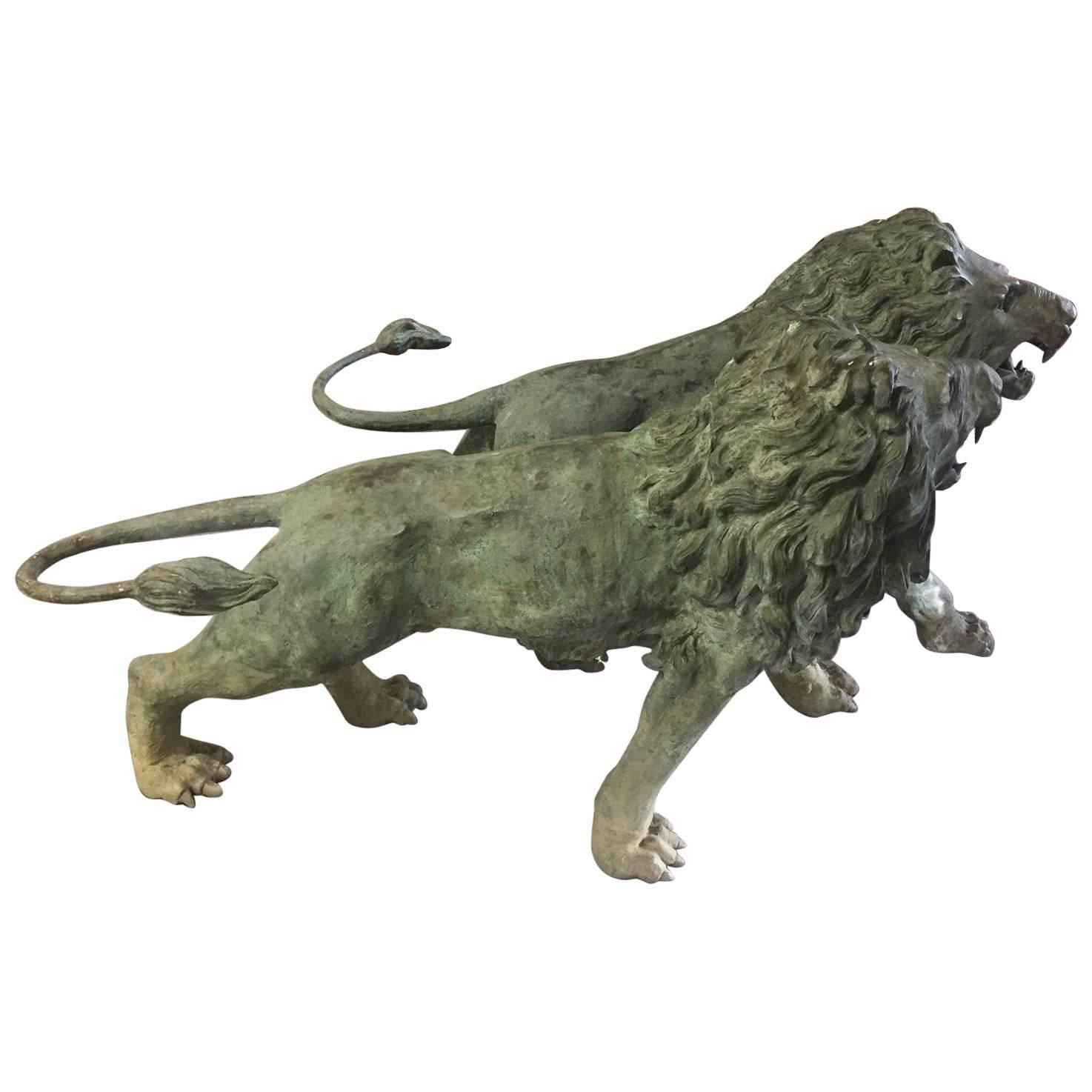 Monumental Pair of 19th Century Lifesize Bronze Lions