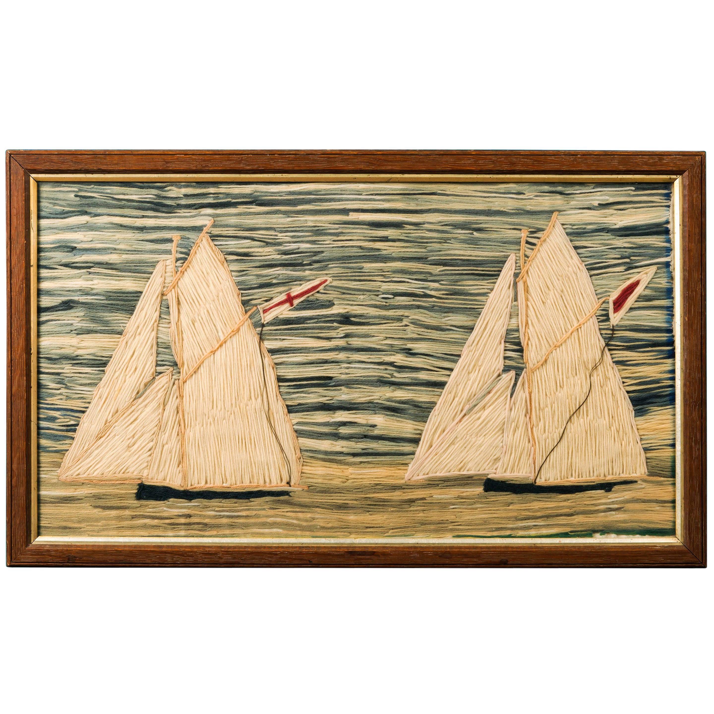 Wool Work Picture of Two Gaff Rigged Cutters For Sale