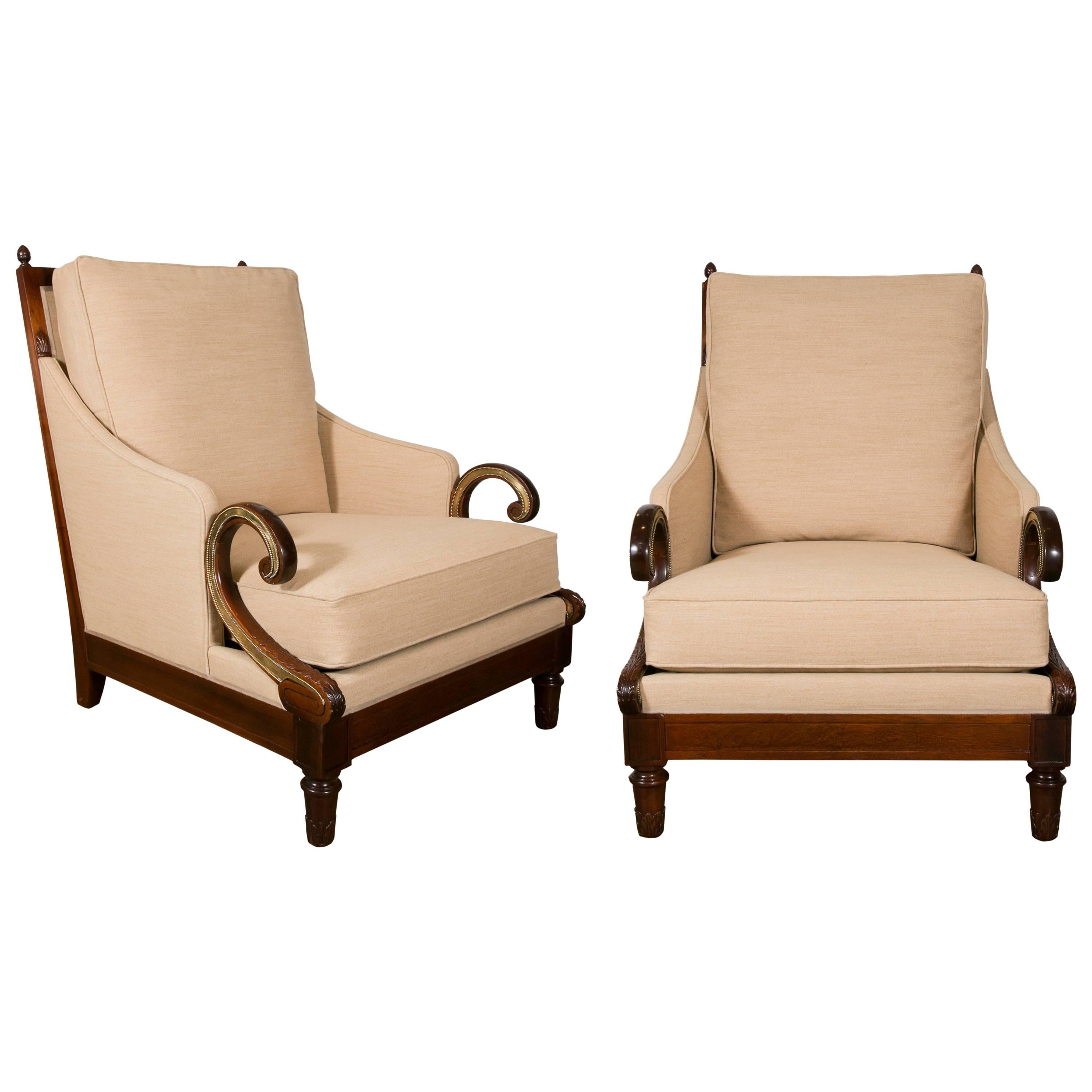 Large Pair of Mahogany and Bronze Bergère Chairs, France, 1950s