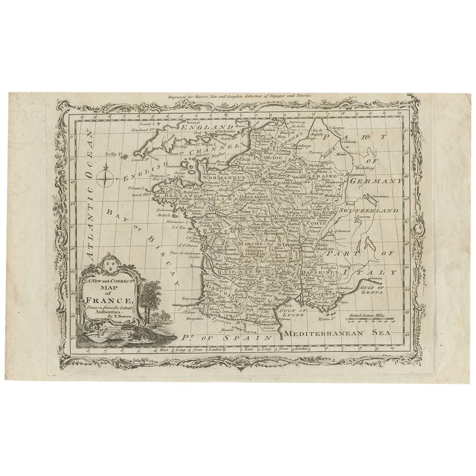 Antique Map of France by T. Bowen, 1785 For Sale