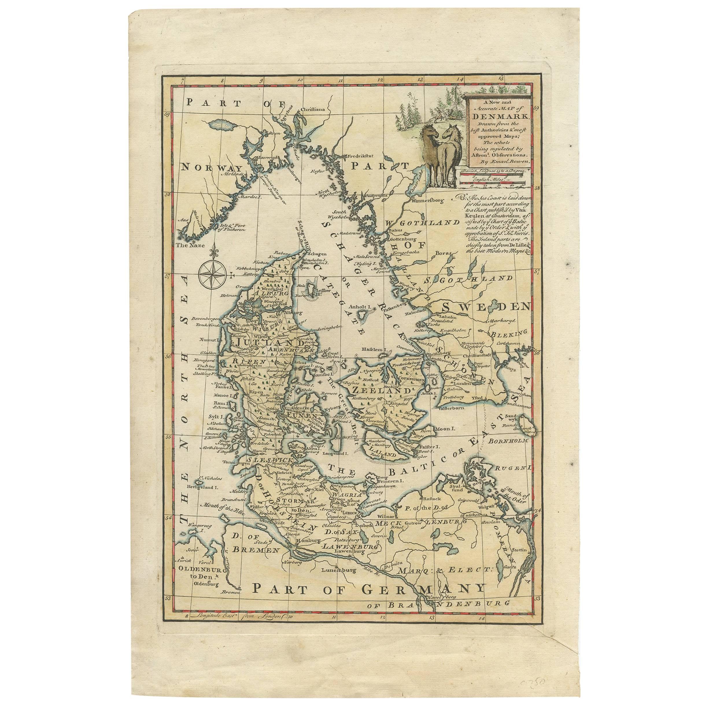 Antique Map of Denmark by E. Bowen, 1747