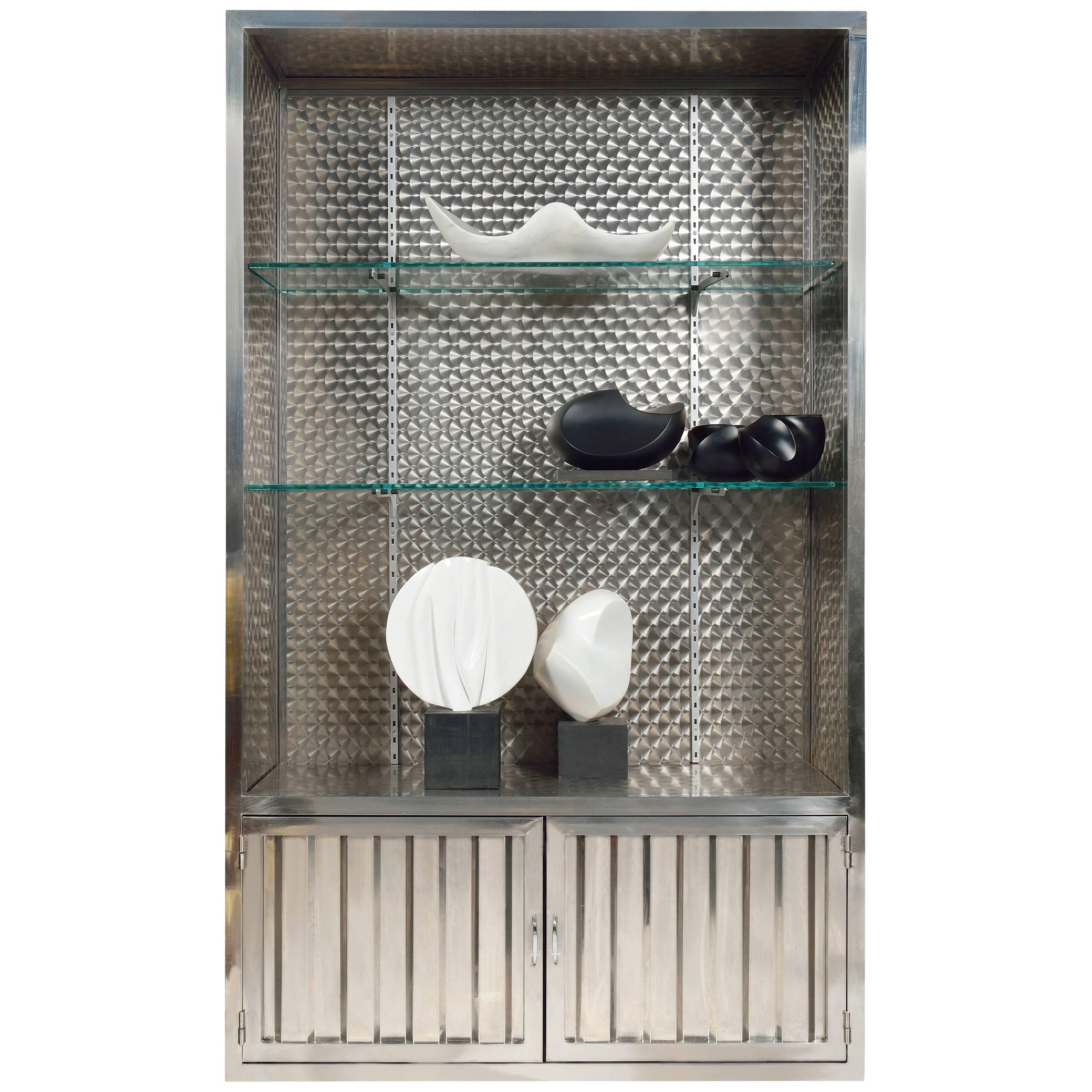 Pair of shelves in inox and mirror glass For Sale