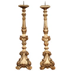 Important Pair of 18th Century Italian Carved Painted Giltwood Candlesticks