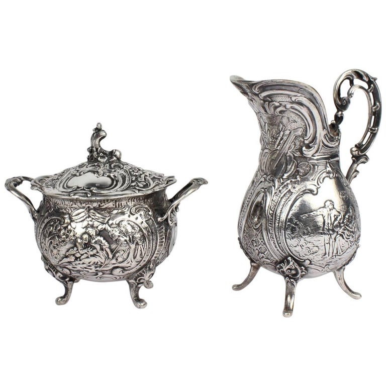 Antique Ornate German 800 Silver Creamer and Sugar Set by J. Riemann For Sale at 1stDibs