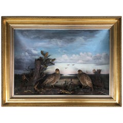 19th Century Taxidermy Diorama of Grey Partridges with Oil Painting