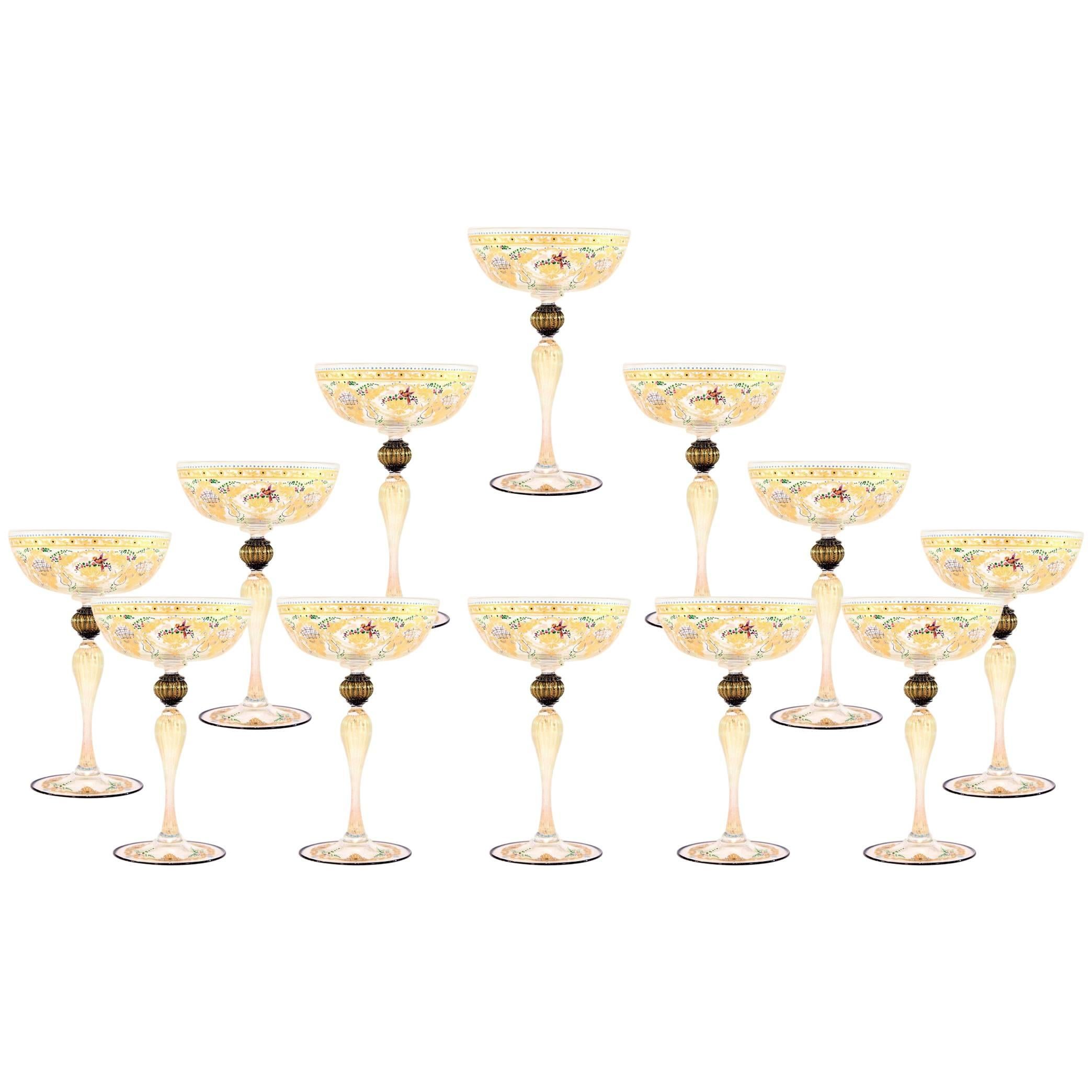 12 Handblown Venetian Salviati Hand-Painted Gold Champagne Coupes with Birds