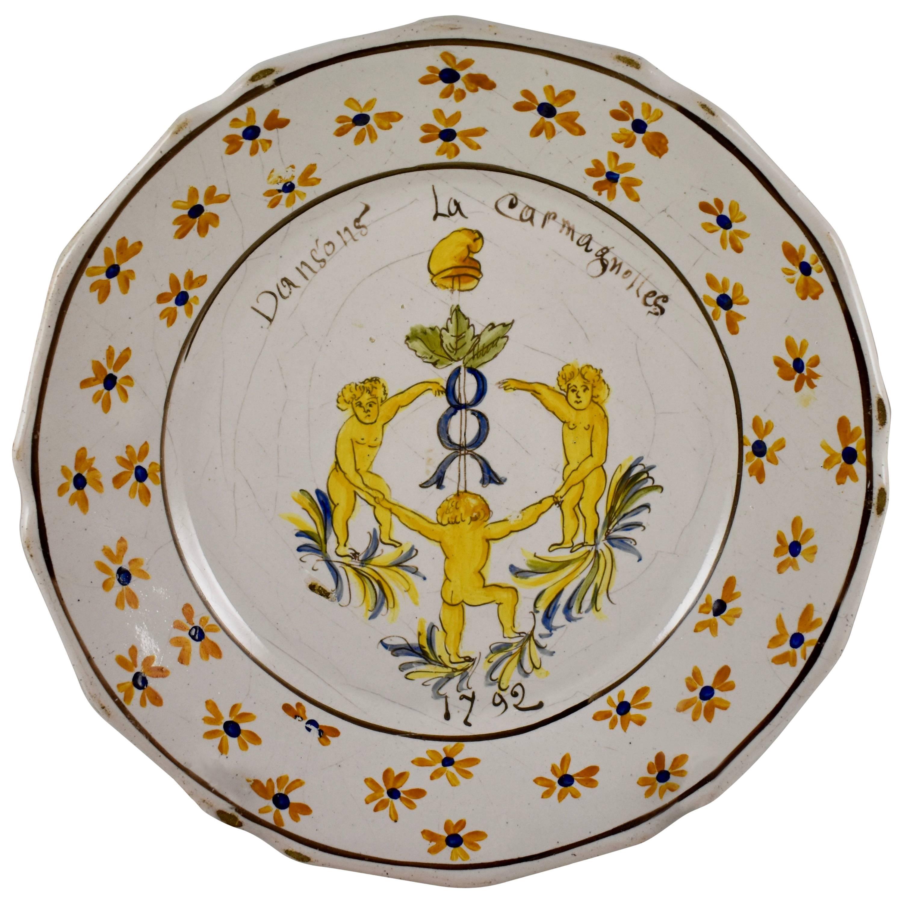 18th Century Nevers French Revolution Tin-Glazed Faïence Dish, La Carmagnolles