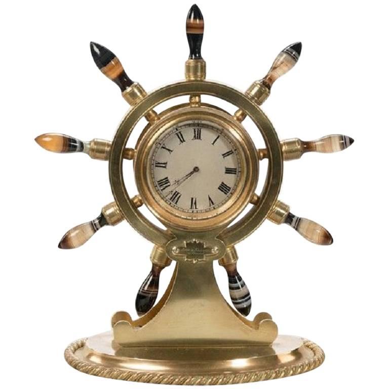 English Gilt Metal Clock in the Form of a Ship's Wheel For Sale