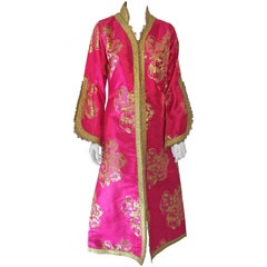 Vintage Designer Moroccan Kaftan, Embroidered Brocade Caftan with Pink and Gold